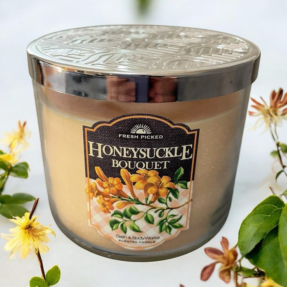 Bath & Body Works Honeysuckle Bouquet 3 Wick Candle 14.5 oz Hostess Gift Decor